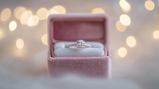 A silver ring with a clear gemstone sits in a pink velvet ring box. The background is out of focus and features warm, white lights.