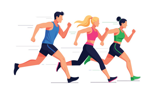 Athletes running on track, close-up side view, three runners in motion, competitive sports and fitness activity.