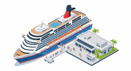 Isometric cruise ship docked at a terminal building with passengers boarding and palm trees. © Rina