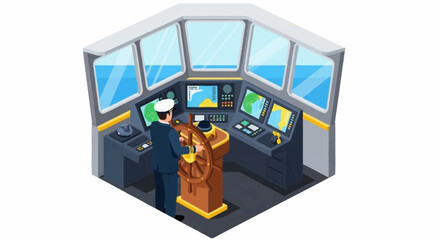 Captain steering a ship from the bridge, navigating with modern equipment and screens. © Rina