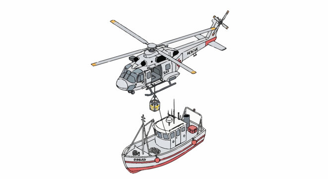 Helicopter lifting a fishing boat with a winch and cable during a rescue operation.