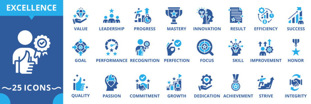 Excellence icon collection set. Containing value, leadership, progress, mastery, innovation, result, efficiency, success icon. Simple glyph color vector