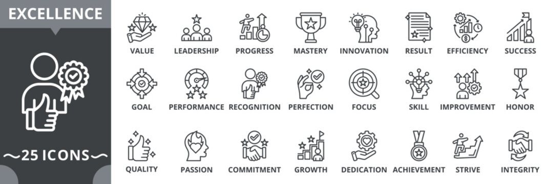 Excellence icon collection set. Containing value, leadership, progress, mastery, innovation, result, efficiency, success icon. Simple outline vector