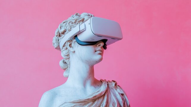A classical statue of a woman wearing a virtual reality headset against a pink background.