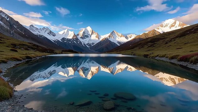 Stunning mirror reflection of the Meili Snow Mountain thirteen peaks on Shuoda Lake, Deqin Yunnan China.
