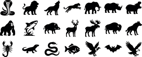 Fototapeta premium Animal silhouette icons set. Contain icons related to cobra, lion, wolf, elephant and more. Editable stroke. Vector illustration
