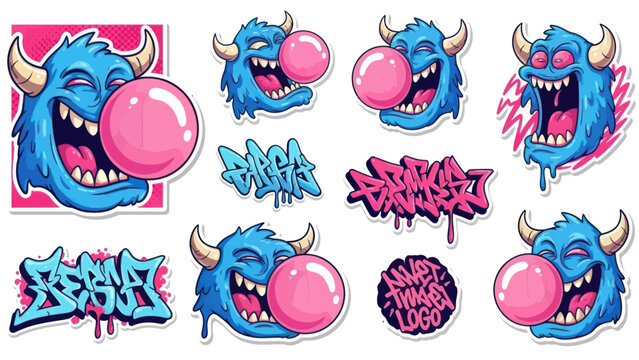 Blue monster character with horns blowing pink bubble gum and graffiti text.