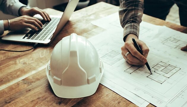 Construction helmet architectural plans and laptop on a wooden table a collaborative workspace silhouette hard hat safety