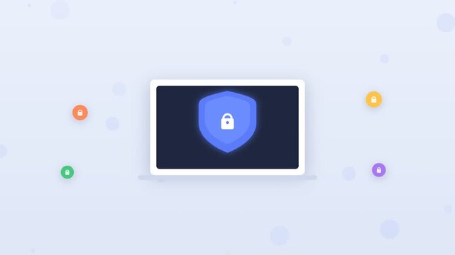 Flat design cybersecurity shield with lock protecting laptop