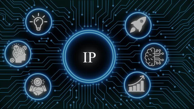 Intellectual property ip concept with digital circuit board background