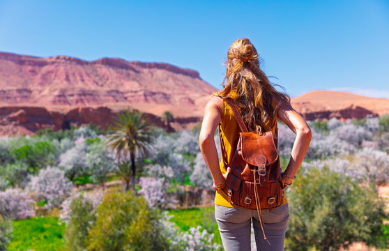 Back view of woman traveler with leather backpack looking at lush palm oasis and mountains in morocco