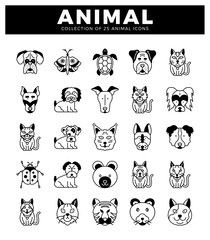 Fototapeta premium animal icons with diverse pet and insect designs on a white background. Set of line art. illustrative animal faces and full body figures with clean design.