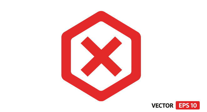 Red X mark inside a hexagonal frame, isolated on white background, no symbol
