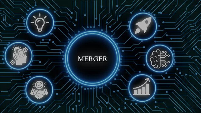 Corporate merger and business growth digital concept with circuit board background