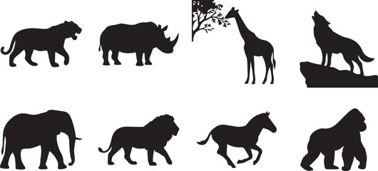 Fototapeta premium Vector silhouettes set of wild animals including tiger rhino giraffe wolf elephant lion zebra and gorilla isolated on white background