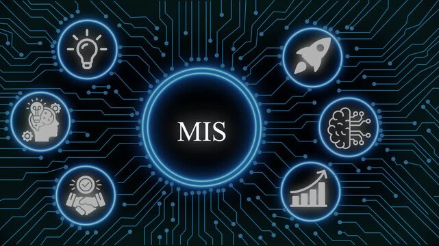 Mis management information systems concept with digital circuit board background