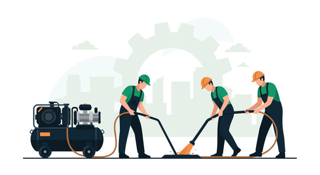 Three sanitation workers wearing green shirts and safety helmets clean a city drain using a hose connected to a large industrial air compressor machine.