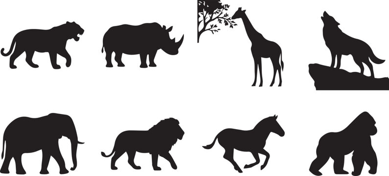 Vector silhouettes set of wild animals including tiger rhino giraffe wolf elephant lion zebra and gorilla isolated on white background