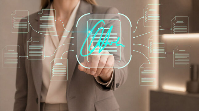 Electronic signature and digital contract approval. Online document signing, contract execution and e signature workflow. Business professional signing digital documents