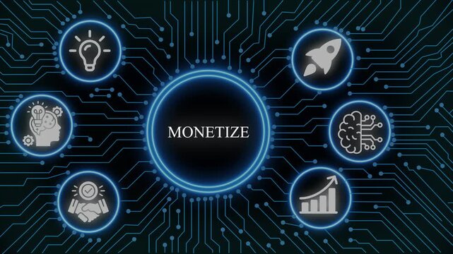 Digital monetization strategy concept with circuit board hud and business