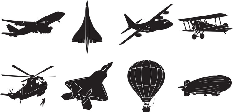 Collection of aviation and aircraft silhouettes including passenger airplane supersonic jet military fighter helicopter biplane hot air balloon and blimp
