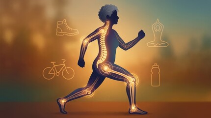 Obraz premium Active senior woman's skeletal system highlighted during exercise and wellness activities