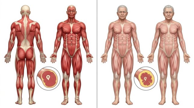 Human anatomy comparison showing muscular and aged bodies with cross-sections
