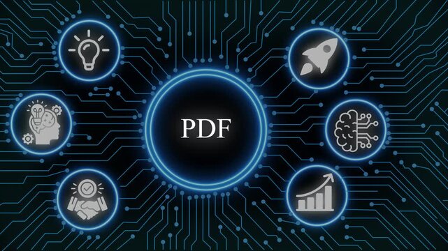 Pdf document management and digital transformation concept with circuit board background