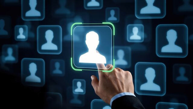 Human hand touching a digital screen to select a profile person icon in a network