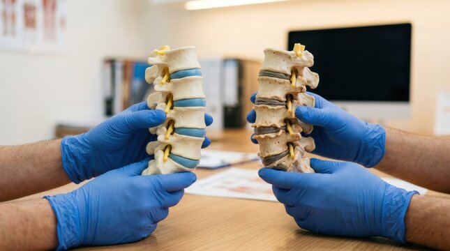 Medical professionals compare healthy and degenerated spinal column models