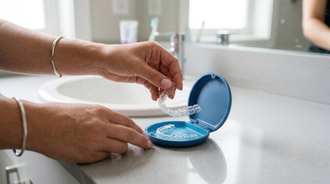 Woman placing dental aligners into a blue case in a bathroom setting