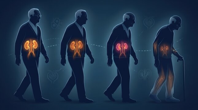 Aging process showing the decline of kidney function and bone health over time