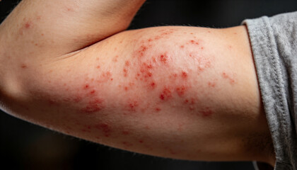 Fototapeta premium Man with red rash on arm. Skin irritation and dermatological disease. Allergic reaction or dermatitis on human skin. Medical diagnosis and skincare concept for health treatment.