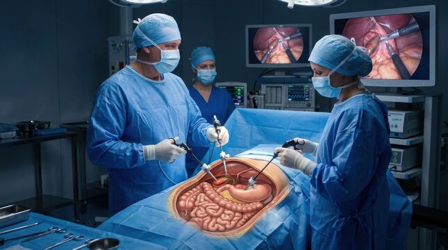 Surgeons performing minimally invasive laparoscopic surgery on a patient's abdomen