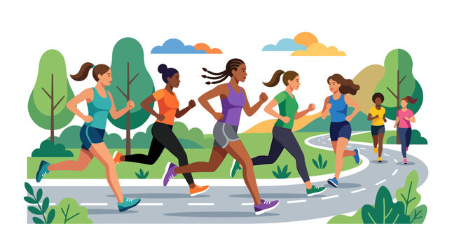 Diverse Women Running in Park Marathon Fitness Group Outdoor Exercise