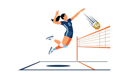 Fototapeta premium Female volleyball player spiking ball over net, dynamic action, clean illustration