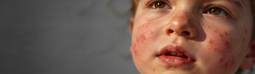 Naklejka premium Child with eczema on face. Close up portrait of a kid suffering from skin inflammation and dermatological redness. Banner with copyspace. of childhood allergy, skincare, and medical health treatment.