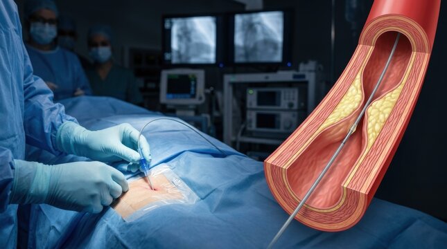 Cardiovascular surgeon performs angioplasty procedure to clear blocked artery
