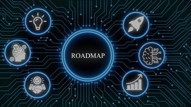 Business roadmap strategy concept with digital circuit board background