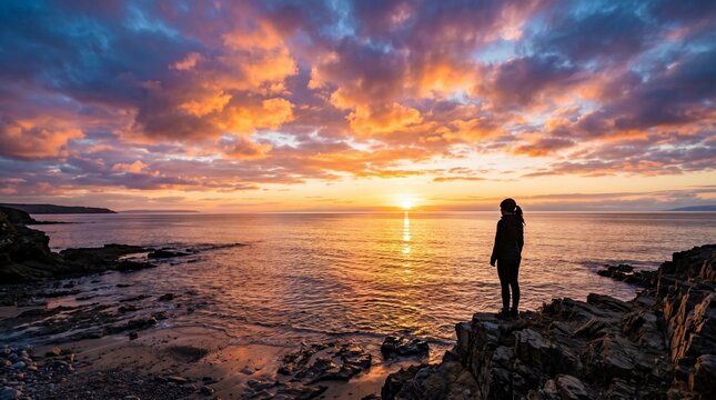 Beautiful dramatic sunset over the ocean with a silhouette of a man standing on the beach