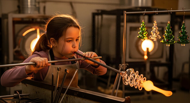 Young girl blowing glass to create holiday ornaments in a studio. Child shaping clear glass on a pipe with finished Christmas trees in the background. Artisan craft concept