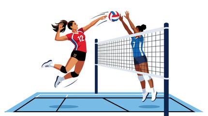 Obraz premium Female volleyball players jumping and spiking over the net, competitive sports action.