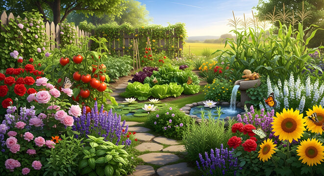 Lush vegetable and flower garden with a stone path and water fountain. Sunny backyard landscape with growing tomatoes, cabbages, sunflowers and roses