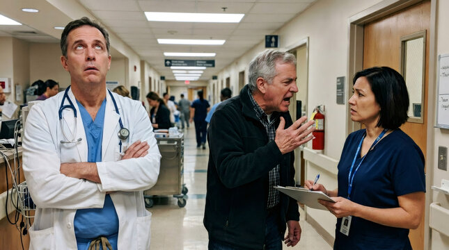 Angry man shouting at woman nurse while doctor looks up in hospital hallway. Aggressive patient visitor arguing with medical staff. Healthcare communication conflict and workplace stress.