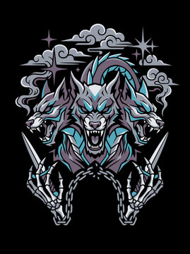 Ferocious three-headed creature with skeleton hands and chains