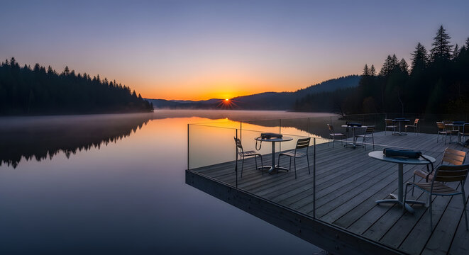 Wooden observation deck with tables and chairs overlooking a still lake at sunrise. Mist on water reflecting orange sky and forest silhouette
