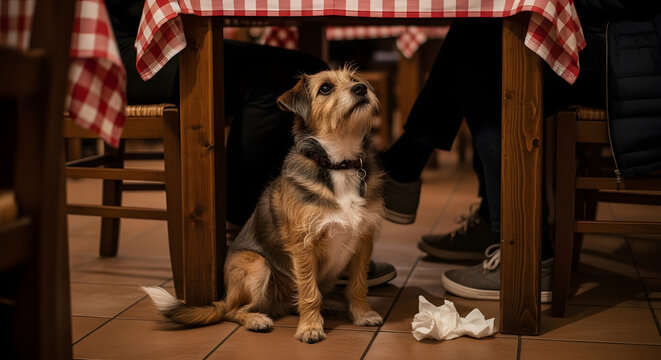 Small scruffy dog sitting under restaurant table looking up. Pet begging for food on tiled floor next to crumpled napkin. Dog friendly dining establishment