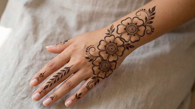 henna tattoo design on womans hand with floral pattern