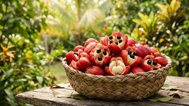 Basket of vibrant, ripe ackee fruits with black seeds, ready for culinary use