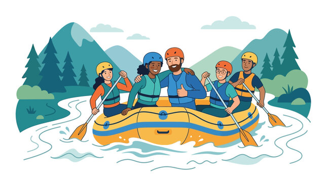 Happy Diverse Family Rafting Adventure Downstream River Mountains and Forest Background